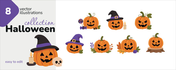 Fototapeta premium Halloween pumpkin set. Collection of cute carved Jack-o'-lanterns with witch hats, candles, candies, skull and autumn leaves. Festive October holiday vector illustrations isolated on white background.