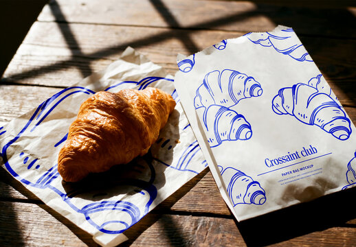Bakery Paper Bags and Croissant Flat Lay Mockup