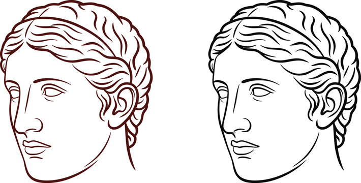 Ancient Greek Goddess Head Illustrations, Female Bust Line Art, Red and Black Vector Portraits, Classical Style Icon Set