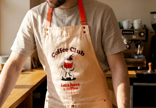 Barista Apron Mockup Worn by Person in Caf&eacute; Kitchen