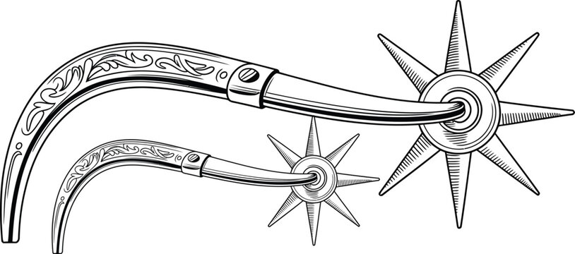 Western spurs, metal cowboy spur, star wheel, silver tone, vector illustration, equestrian equipment, rodeo accessories