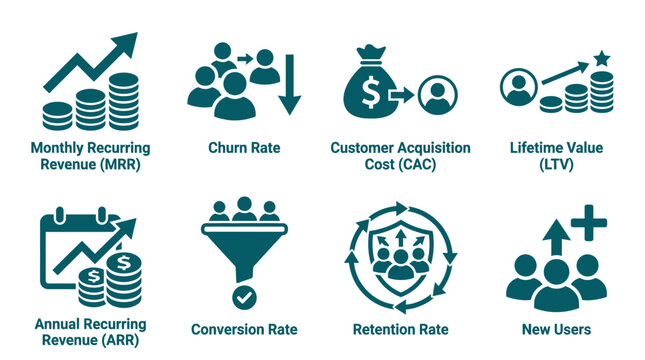 Set of eight business metrics and key performance indicator icons.