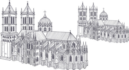 Gothic architecture, cathedral, church, medieval buildings, vector illustration, black and white, 2D drawing © Jihadul