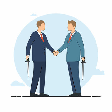 Businessmen shaking hands with hidden knives