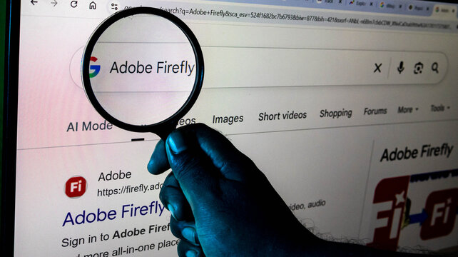 Hand holding a magnifying glass over a computer screen showing the adobe firefly website search results