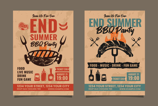 Set of End summer BBQ party flyer or poster editable template design