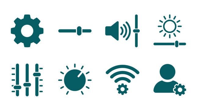 Collection of user interface icons representing settings, audio, brightness, and user profiles
