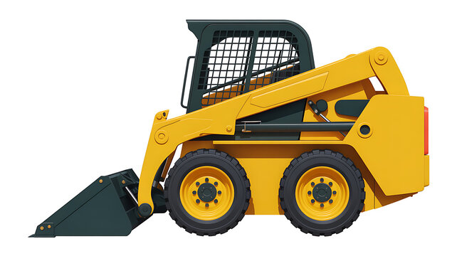 Yellow skid steer loader PNG isolated on transparent background, compact construction equipment for earthmoving and landscaping projects. 