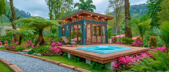 Obraz premium aDark blue shipping container house transformed into a sustainable resort pool villa. Prominent glass doors open to lush tropical jungle surroundings, showcasing eco-friendly architecture.