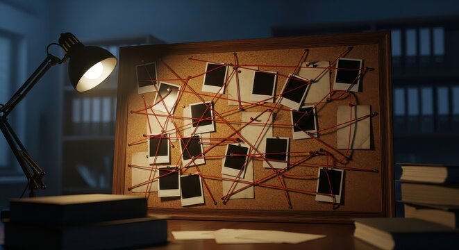 Cinematic Mystery Investigation Board with Blank Instant Photos and Red String Connections