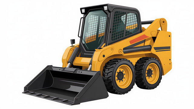Yellow skid steer loader PNG isolated on transparent background, compact construction equipment for earthmoving and landscaping projects. 