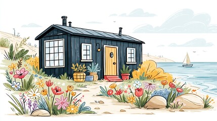 Naklejka premium Cute cartoon dark blue container house surrounded by colorful wildflowers and blossoms, featuring a cheerful garden setting, vibrant nature, and whimsical eco-friendly home design.