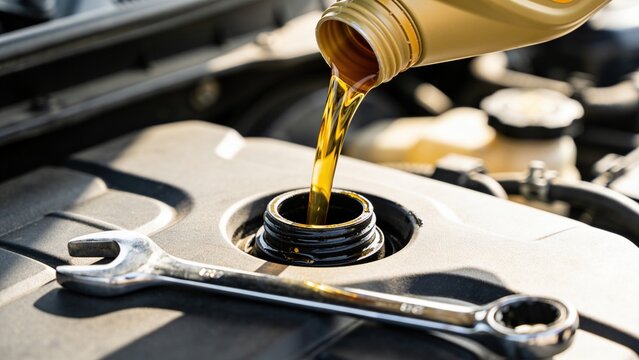 A mechanic pours golden engine oil into a car's engine. A silver wrench lies beside the oil filler cap. The scene captures automotive maintenance and repair.
