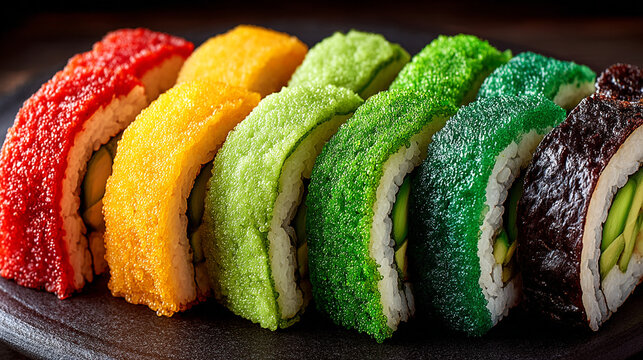 Colorful rainbow sushi rolls with masago topping japanese colorful appetizer restaurant