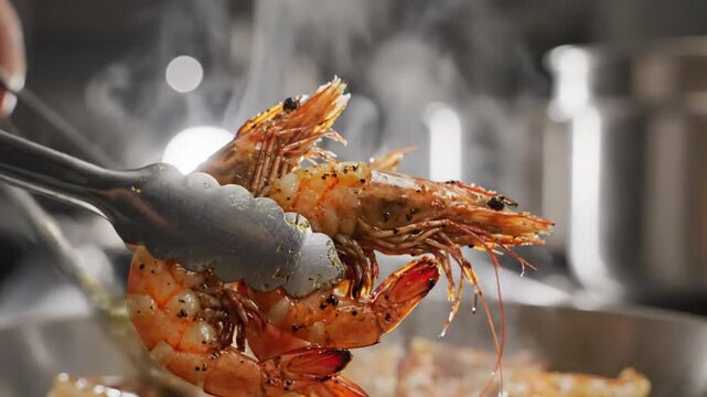 Chef lifting grilled shrimp with tongs from a pan, showing the cooked shellfish with steam rising in close-up
