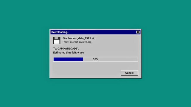 Retro computer download progress bar animation on vintage operating system screen