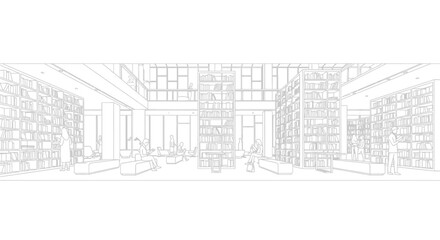 Line art drawing of a modern library interior with tall bookshelves and seating areas. © mutiara putri