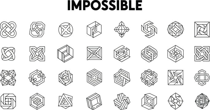 Impossible Cube Icons Grid with Interlocking Line Patterns and Geometric Lockup Shapes for Graphic Design Use