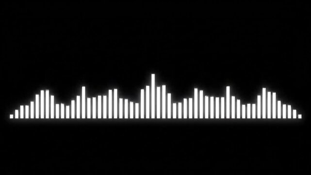 Visual sound waves in white bars bouncing dynamically across a black background, representing audio frequencies.
