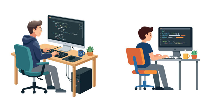 Flat design of a software developer coding on a desktop computer, simple vector style, minimalist composition, white background, no outline