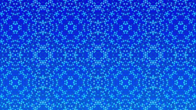 Seamless blue geometric mosaic design with kaleidoscopic mandala structures, radial symmetry, glowing tiled elements, intricate decorative details, and luminous texture.