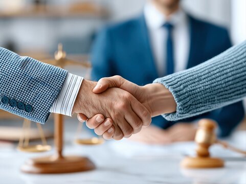 People shake hands in a legal setting during a meeting about a contract agreement in an office with a law scale in the background