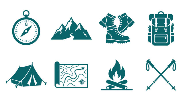Collection of outdoor adventure icons including compass, mountains, hiking boots, backpack, tent, map, campfire, and trekking poles