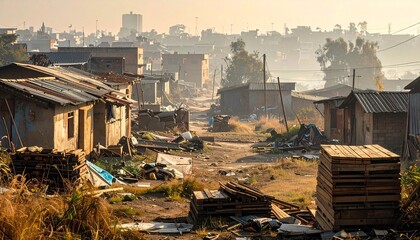 Fototapeta premium Dusty Shantytown Alley With Damaged Homes and Scattered Waste at Sunrise