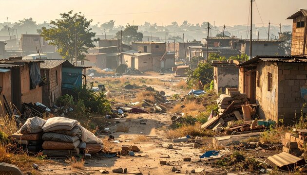 Dusty Shantytown Alley With Damaged Homes and Scattered Waste at Sunrise