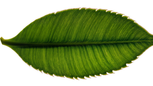Isolated vibrant green exotic plant leaf displaying intricate parallel venation and unique serrated edges
