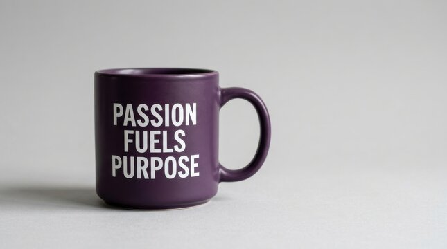 Motivational purple ceramic coffee mug with Passion Fuels Purpose text, minimalist office desk accessory, inspirational quote cup for career success