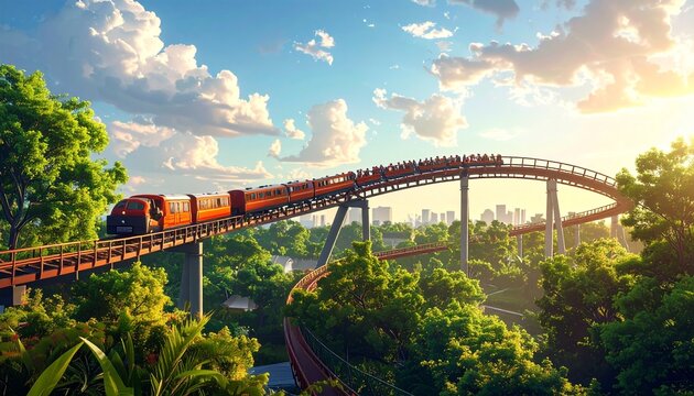 Roller Coaster Train on Elevated Track in Bright Sunset Amusement Park