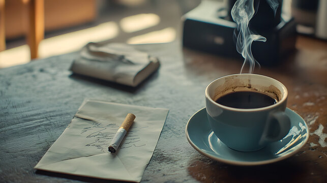 Morning Ritual: A steaming cup of black coffee sits on a saucer next to a rolled cigarette on a piece of paper, with a wallet and a camera in the background.