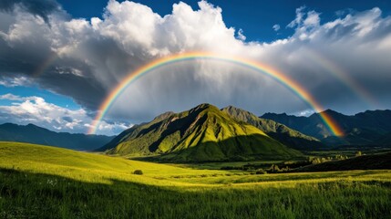 Fototapeta premium Vibrant rainbow arcing over majestic mountains nature landscape scenic view serene environment