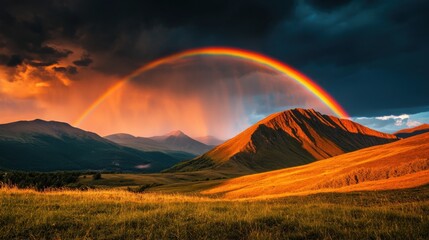 Fototapeta premium Nature's vibrant rainbow arching over majestic mountains at sunset scenic landscape photography serene environment