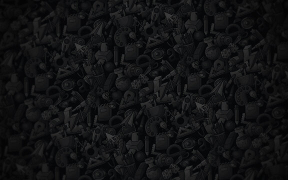 Dark pattern with hand drawn design and education doodles. Black creative background with art tools, pencils, brushes and stationery.