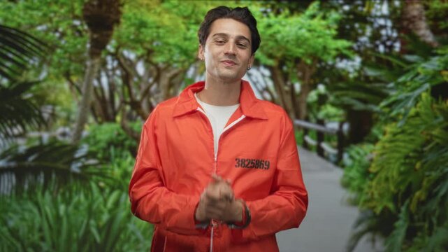 Man prisoner in orange jumpsuit with handcuffs clasping hands on a forest path, looking down and smiling slightly; remorseful reflection.