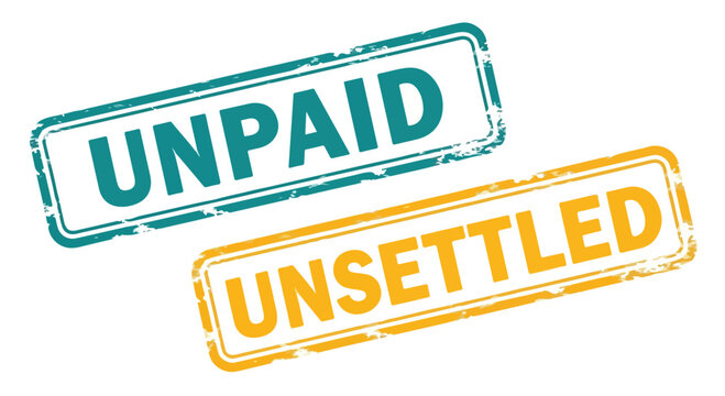 Overdue invoice stamps with unpaid and unsettled text on white background
