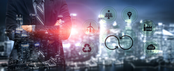 A professional businessman stands confidently in front of a vibrant city skyline, showcasing renewable energy icons that highlight modern sustainability and development themes. Cyphers © InfiniteFlow