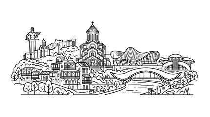 Fototapeta premium Tbilisi Skyline Illustration: Iconic Landmarks in Black and White Line Art