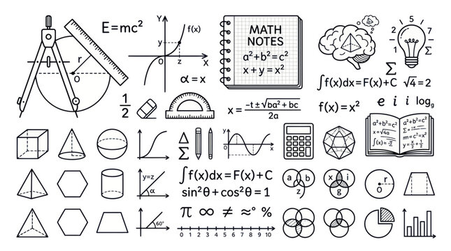 Mathematics and Science Symbols, Formulas, and Geometry Objects - Doodle Style