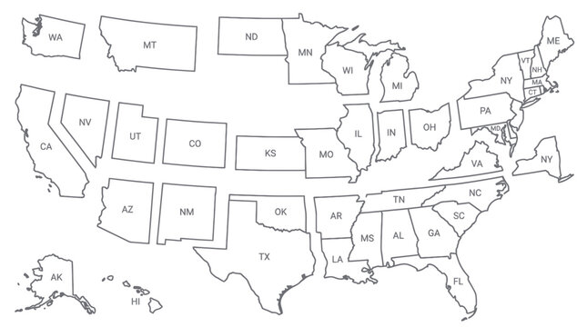 United States Map Outline with State Borders Separated