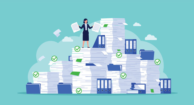 Businesswoman standing on top of massive stacks of papers and folders, representing bureaucracy, workload management, and organization.