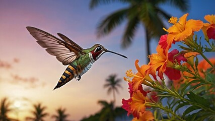 Obraz premium Colorful hummingbird hovering near vibrant orange flowers at sunset with palm trees in the background