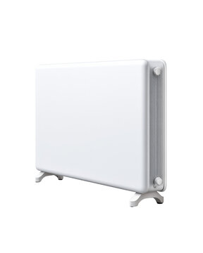 White electric convection panel heater with side fins and control knobs isolated on transparent background