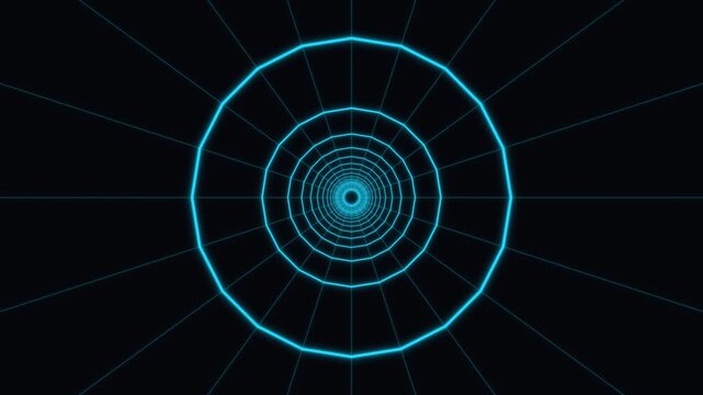 Blue neon wireframe tunnel zoom on black background