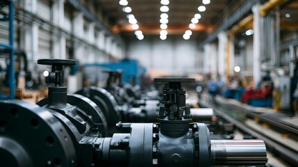 Fototapeta premium An expansive industrial corridor with strong overhead lighting highlights the geometric lines of factory hinery and metal structures