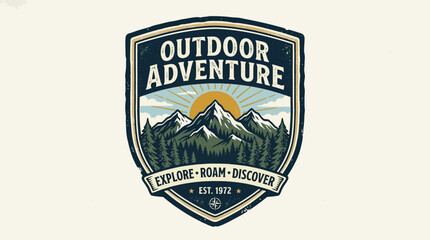 Naklejka premium Vintage outdoor adventure badge featuring mountains, sun, and trees, promoting exploration and discovery