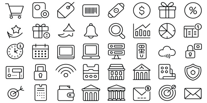 Shopping business and marketing outline icon set for web design and apps on transparent background