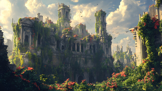 Ancient Ruins Reclaimed by Nature: Majestic stone ruins, once a grand structure, now stand entwined with vibrant greenery and blooming flowers, silhouetted against a dramatic sky.